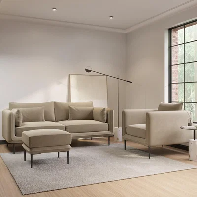Furniture123 Beige Velvet 3 Seater Sofa Armchair and Footstool Set - Lenny