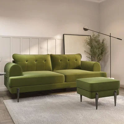 Furniture123 Olive Green Velvet 3 Seater Sofa and Footstool Set - Rosie
