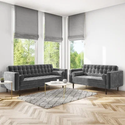 Furniture123 Mid Century Quilted Grey Velvet 3 Seater and 2 Seater Sofa Set - Elba