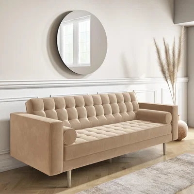 Furniture123 Beige Velvet 3 Seater Sofa with Button Detail - Elba