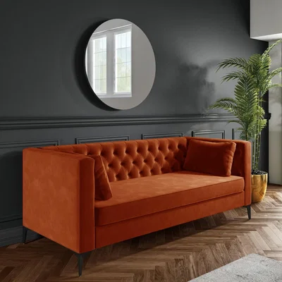 Furniture123 Buttoned Orange Velvet Sofa with Cushions - Seats 3 - Luthor