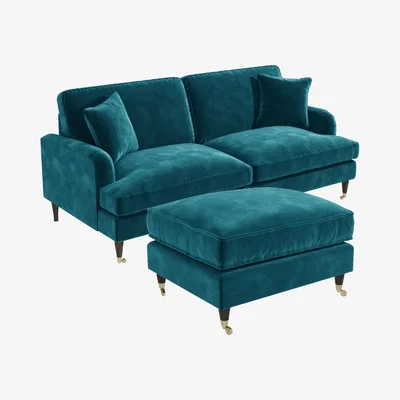Furniture123 Teal Velvet 3 Seater Sofa and Footstool Set - Payton