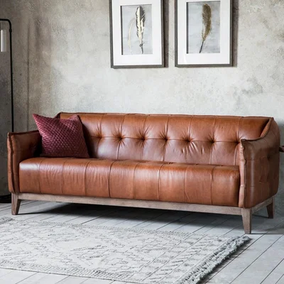 Furniture123 Gallery Ecclestone Brown 3 Seater Leather Sofa - Tufted Detailing