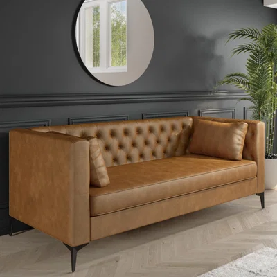 Furniture123 Brown Faux Leather Buttoned 3 Seater Sofa - Luthor