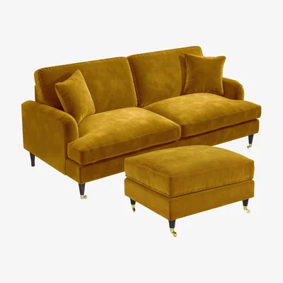 Furniture123 Mustard Velvet 3 Seater Sofa and Footstool Set - Payton
