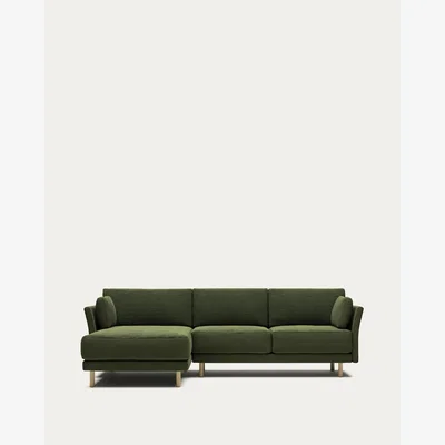 Kave Home Gilma 3 seater sofa, right/left chaise in green wide seam corduroy natural legs, 260cm FR