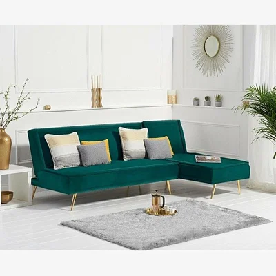 Oak&More Ex-display Benson Green Velvet 3 Seater Chaise Corner Sofa Bed with Gold Legs