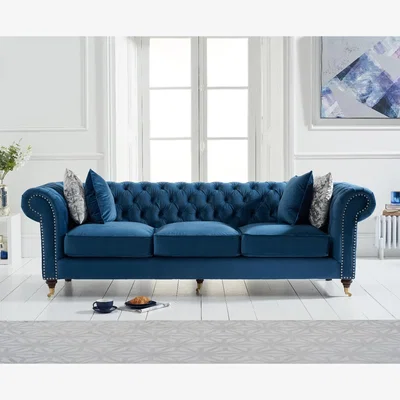 Oak&More Kensington Chesterfield Blue Velvet 3 Seater Sofa