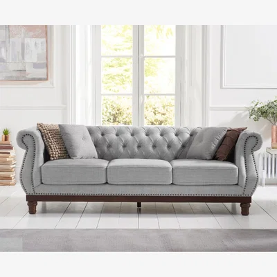 Oak&More Harrow Chesterfield Grey Linen Fabric 3 Seater Sofa