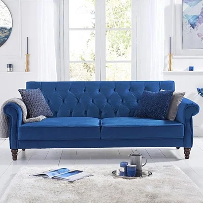 Oak&More Orlando Blue Velvet 3 Seater Fold Down Sofa Bed