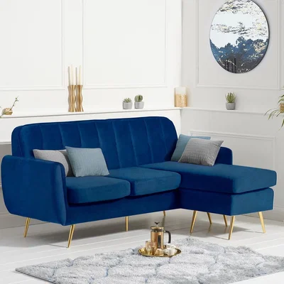Oak&More Brema Blue Velvet 3 Seater Chaise Corner Sofa with Gold Legs