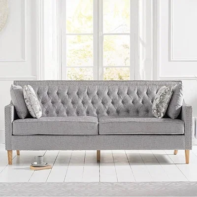 Oak&More Chatsworth Chesterfield Grey Plush Fabric 3 Seater Sofa