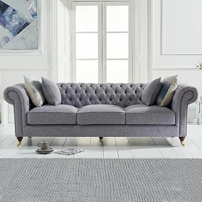 Oak&More Carrara Chesterfield Grey Linen 3 Seater Sofa