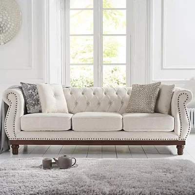 Oak&More Henbury Chesterfield Ivory Linen Fabric 3 Seater Sofa