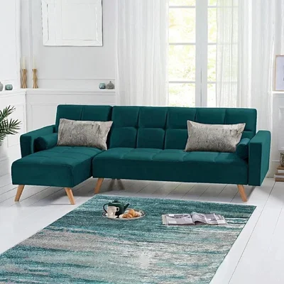 Oak&More Ana Green Velvet 3 Seater Corner Sofa Bed with Left Facing Chaise