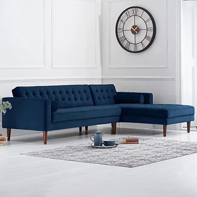 Oak&More Indus Blue Velvet Right Facing 3 Seater Corner Chaise Sofa