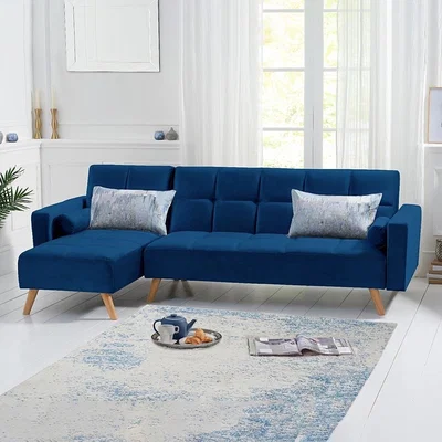 Oak&More Ana Blue Velvet 3 Seater Corner Sofa Bed with Left Facing Chaise