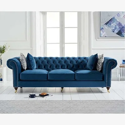 Oak&More Ex-display Carrara Chesterfield Blue Velvet 3 Seater Sofa
