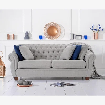 Oak&More Eva Chesterfield Grey Linen Fabric 3 Seater Sofa
