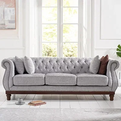 Oak&More Henbury Chesterfield Grey Plush Fabric 3 Seater Sofa