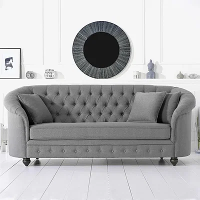 Oak&More Chloe Chesterfield Grey Linen Fabric Three-Seater Sofa