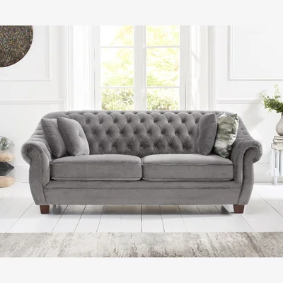 Oak&More Eva Chesterfield Light Grey Velvet 3 Seater Sofa