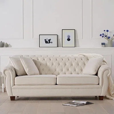 Oak&More Lilly Chesterfield Ivory Linen Fabric Three-Seater Sofa