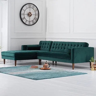 Oak&More Indus Green Velvet Left Facing 3 Seater Corner Chaise Sofa