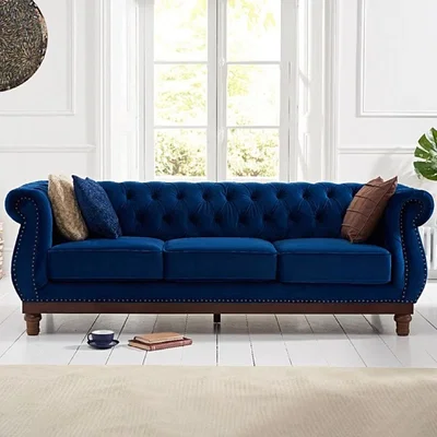 Oak&More Henbury Chesterfield Blue Plush Velvet 3 Seater Sofa