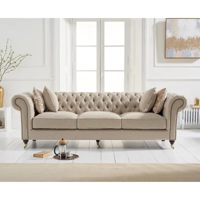 Oak&More Ex-display Carrara Chesterfield Cream Linen 3 Seater Sofa