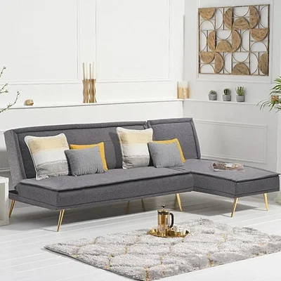 Oak&More Benson Grey Linen 3 Seater Corner Chaise Sofa Bed with Gold Legs