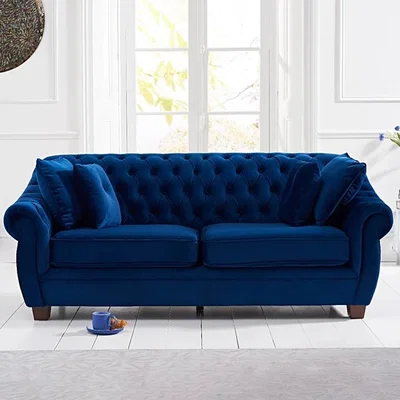 Oak&More Lilly Chesterfield Blue Plush Velvet Three-Seater Sofa