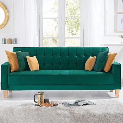 Oak&More Reading Green Velvet 3 Seater Fold Down Sofa Bed