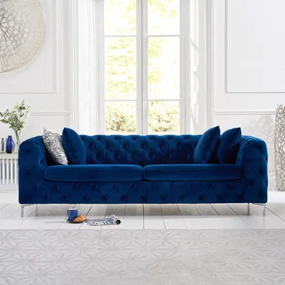Oak&More Amara Blue Plush Velvet 3 Seater Sofa
