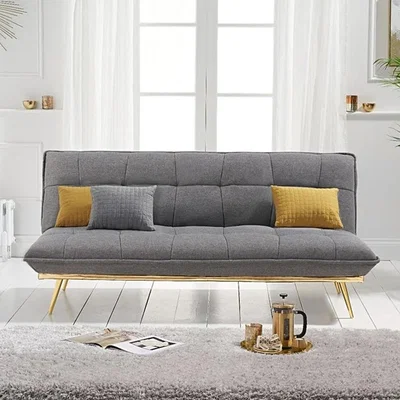 Oak&More Yolanda Grey Linen 3 Seater Fold Down Sofa Bed with Gold Legs
