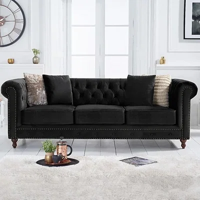 Oak&More Milano Chesterfield Black Velvet 3 Seater Sofa