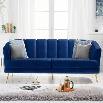 Oak&More Lulu 3 Seater Sofa in Blue Velvet with Gold Legs