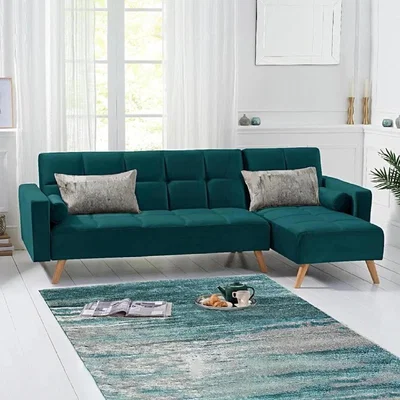 Oak&More Ana Green Velvet 3 Seater Corner Sofa Bed with Right Facing Chaise