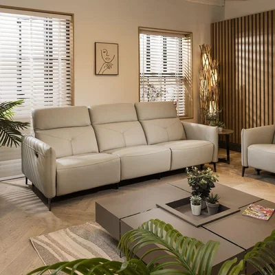Quatropi Luxury Electric Reclining 3 Seater Leather Sofa - Stone Beige 273cm