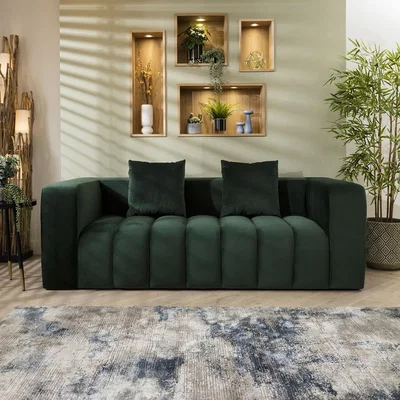 Quatropi Modern 3 Seater Sofa Green Velvet Fabric Designer Three Seat Settee Couch