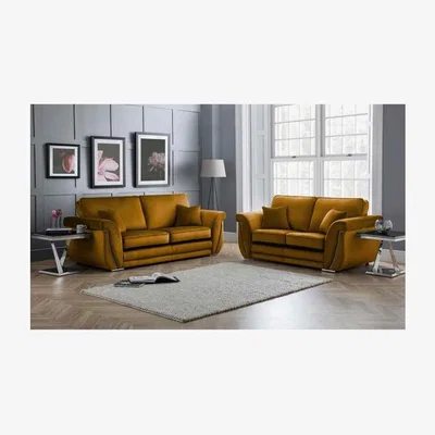 The Range Luca 3 and 2 Seater Full Back Sofa Set Velvet with Beading - Gold