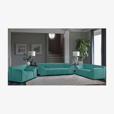 The Range Florisa 3 Piece Flued Sofa Set in Velour Fabric - Turquoise