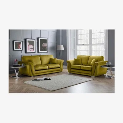 The Range Luca 3 and 2 Seater Full Back Sofa Set Velvet with Beading - Grass