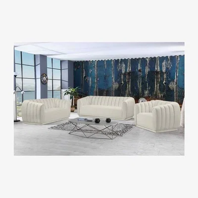 The Range Caleb Fluted Sofa Set in Velour Velvet Fabric 3 & 2 Seater Armchair Set - Cream