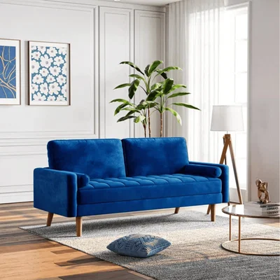 The Range Velvet Rolled Arm Upholstered 3-Seater Loveseat - Blue