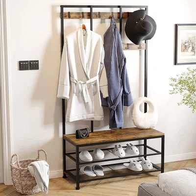 The Range Large Coat Rack Stand with 12 Hooks and Shoe Bench - Brown