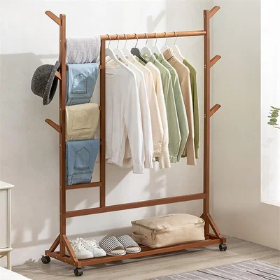 The Range Rolling Bamboo Wooden Clothes Rail Coat Hat Hanger Garment Stand - Dark Brown