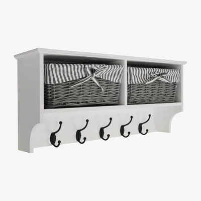 The Range Wall Storage Shelf with 2 Baskets and 5 Coat Hooks - White  Grey - White / Grey / Black