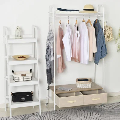 The Range Rolling Coat Rack & Storage Shelf With 2 Drawers - White with Beige