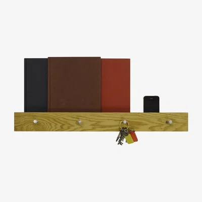 The Range Wood Wall Mounted 2ft  60cm Floating Shelf with 4 Hooks - Oak - Oak